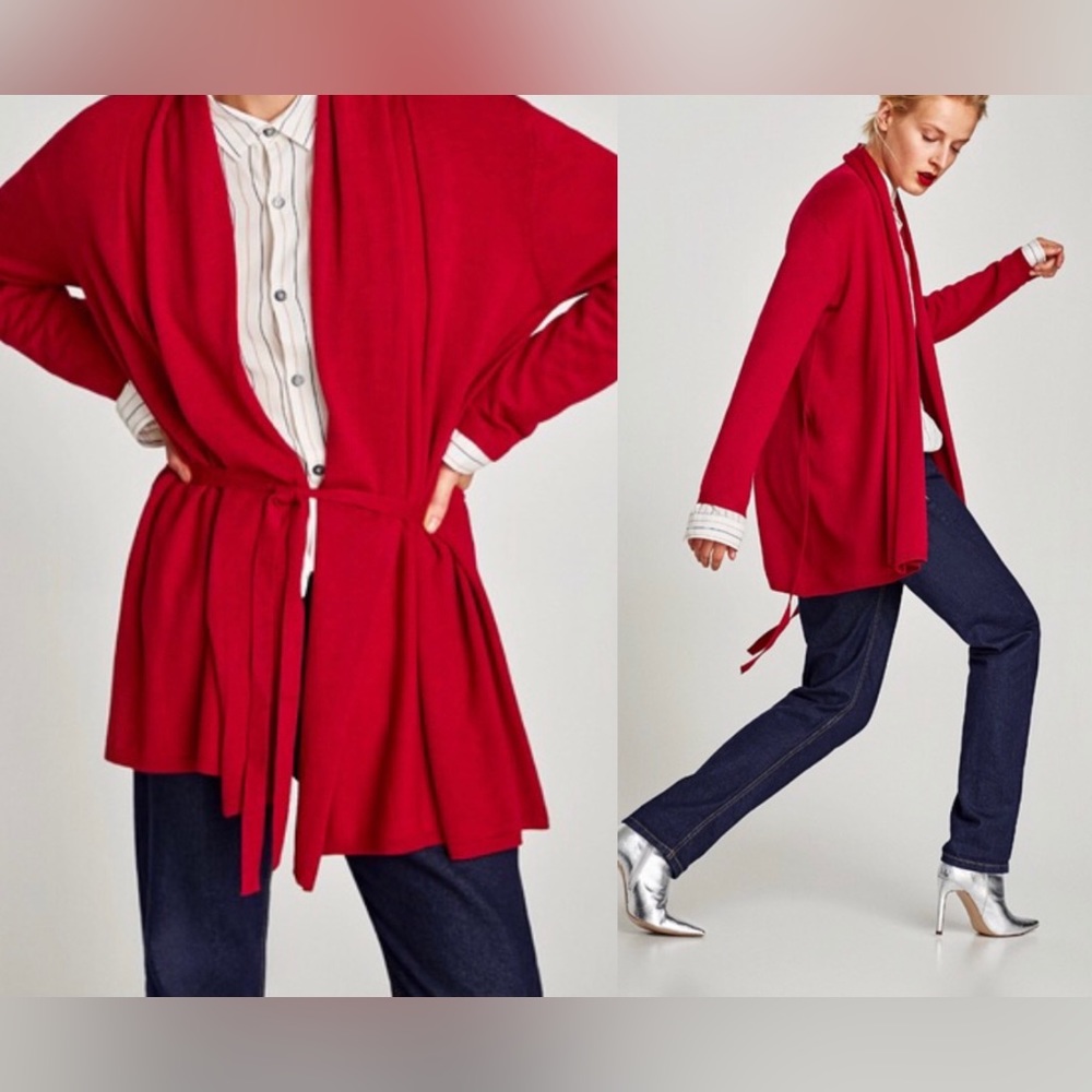 Zara Draped Neck Knit Wrap Cardigan w/ Belt Red Size S NEW